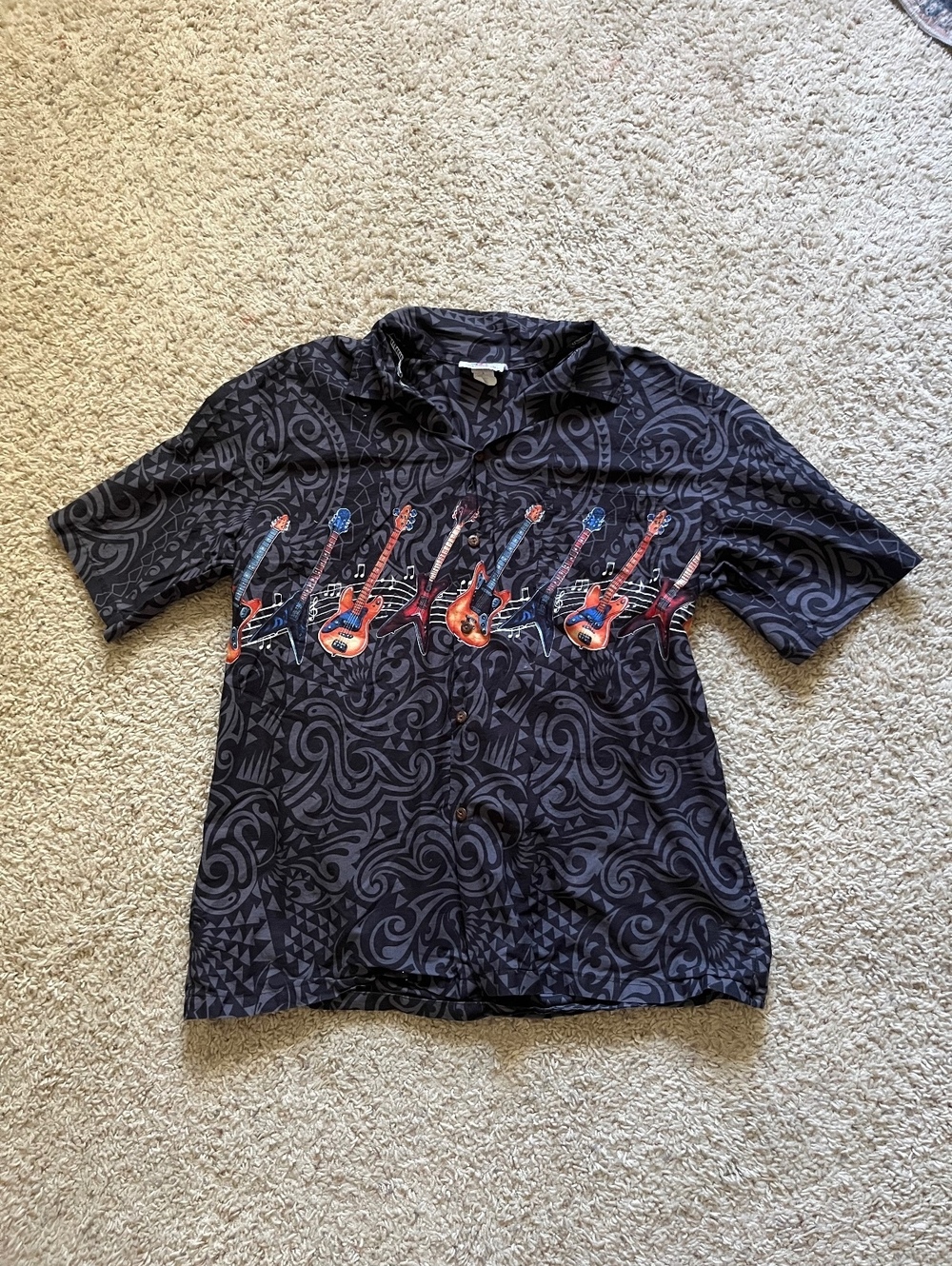 Pacific Legend VTG Gray Swirl Print Hawaiian Shirt Guitar Graphic